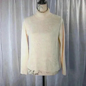 Lucia Burns Size Large Sequined Snowflakes Cream Colored turtleneck sweater